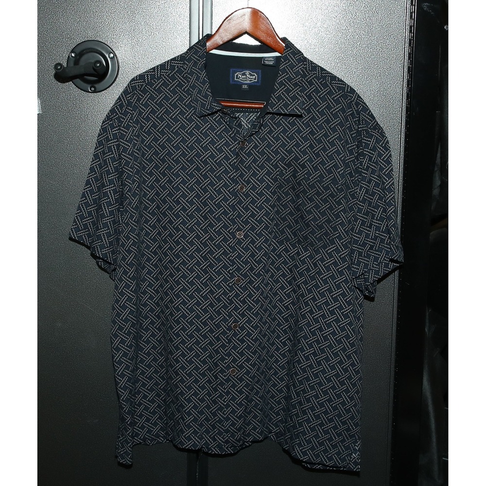 Nat Nast Luxury Originals Shirt Blue Geometric Silk Blend Short Sleeve Mens XXL